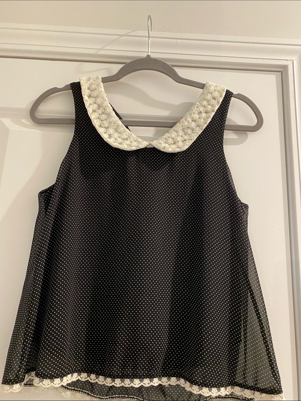 Mauve Black Polka Dot Tank with Cream Embroidered Peter Pan Collar